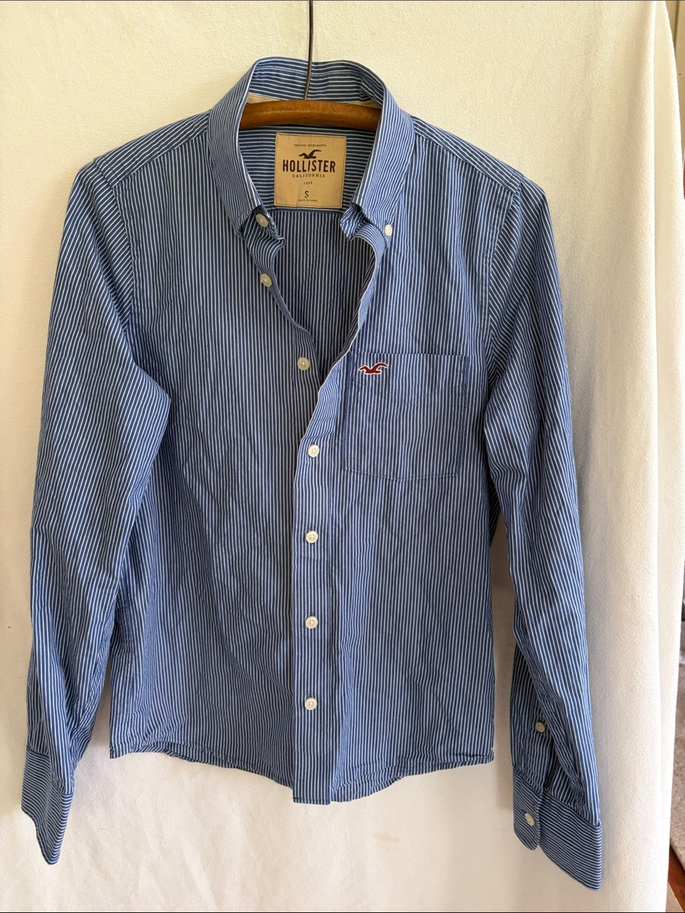 Hollister Men's Navy and White Pinstripe Button-Down Shirt